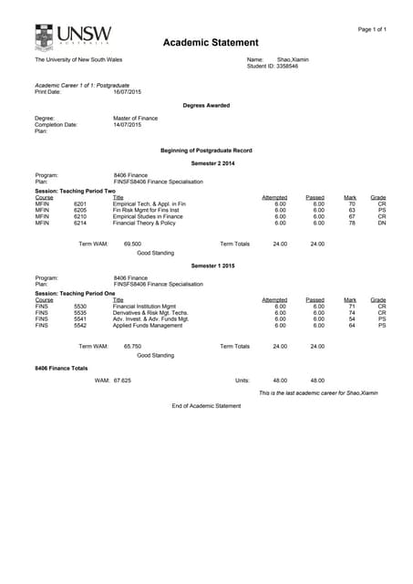 Academic Transcript UNSW