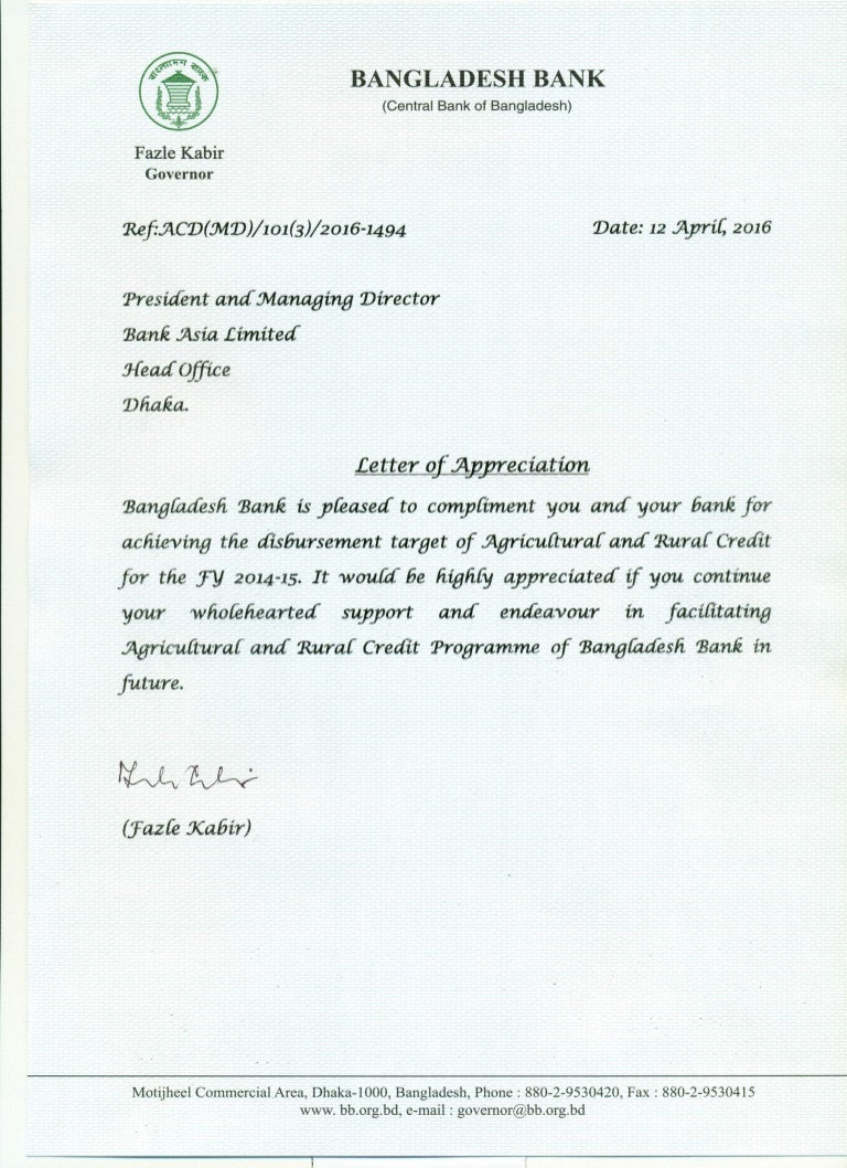 Appriciation from Bangladesh Bank