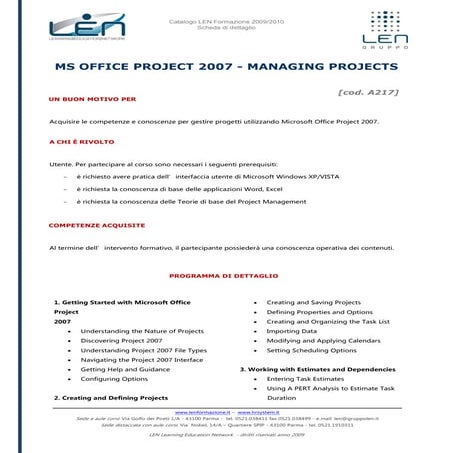 MS Office Project 2007 Managing Projects - Scheda corso LEN