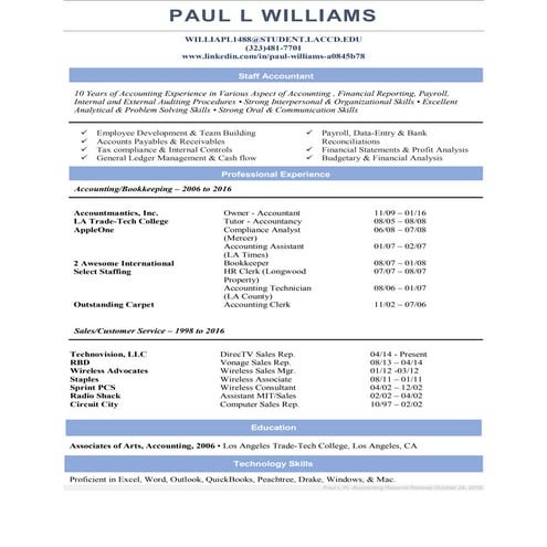 Paul L.Williams, Accounting Resume Revised 10.24.16