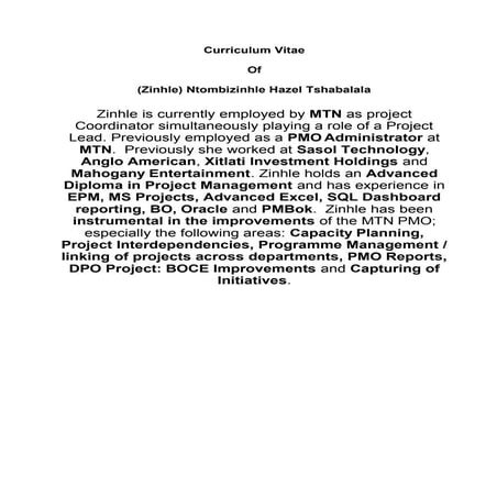 Zinhle Hazel Tshabalala CV