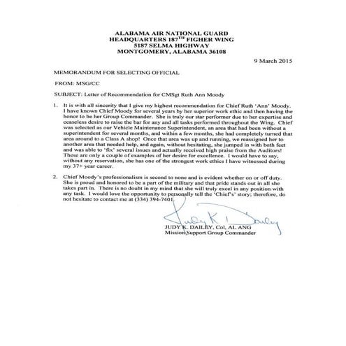 Ltr of Rec Col Dailey Second Chain of Command