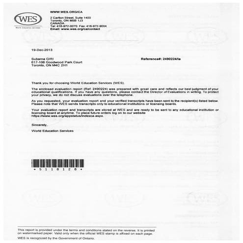 WES Analyzed Certificate