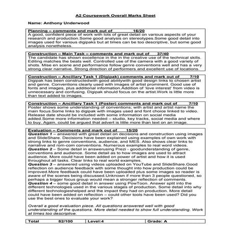 A2 Coursework Mark - Anthony Underwood