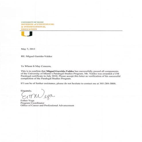 Miguel Garrido Valdes University of Miami Paralegal Certificate ...