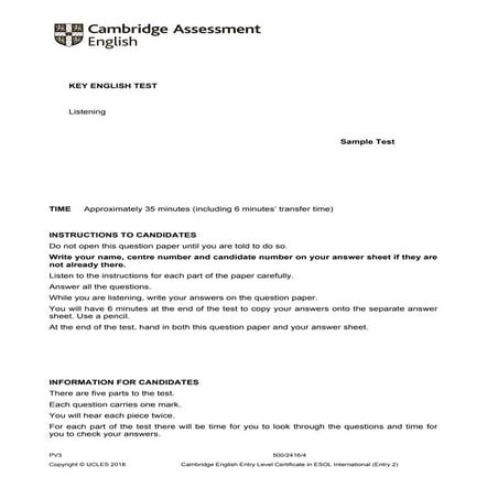 A2 Key 2020 sample tests Listening - question paper.pdf