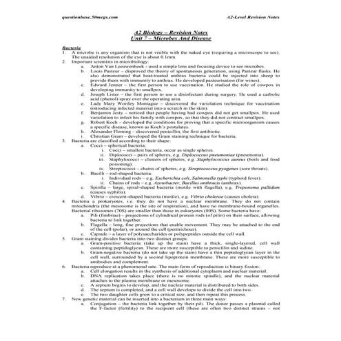 A2+revision+notes   unit 7 - microbes & disease