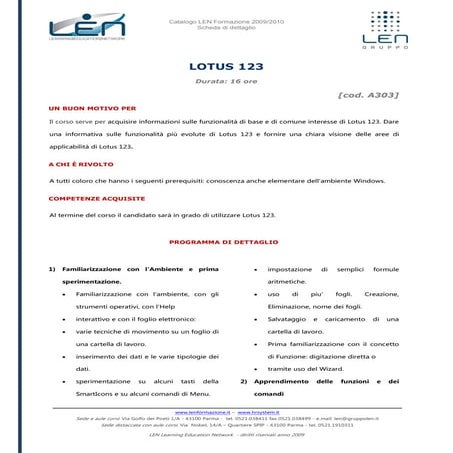 Lotus 123 - Scheda corso LEN