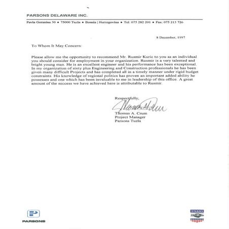 Recommendation Letter PARSONS Regional Engineer TC | PDF