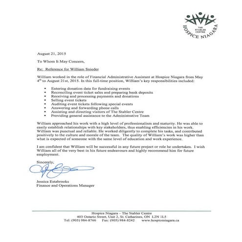 Hospice Niagara Reference Letter