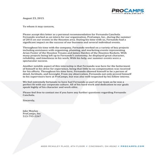 Letter of Recommendation Pro Camps | PDF