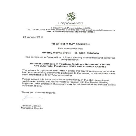 Empower Ed certification of recognition of prior learning assessment competency in Nature Guiding