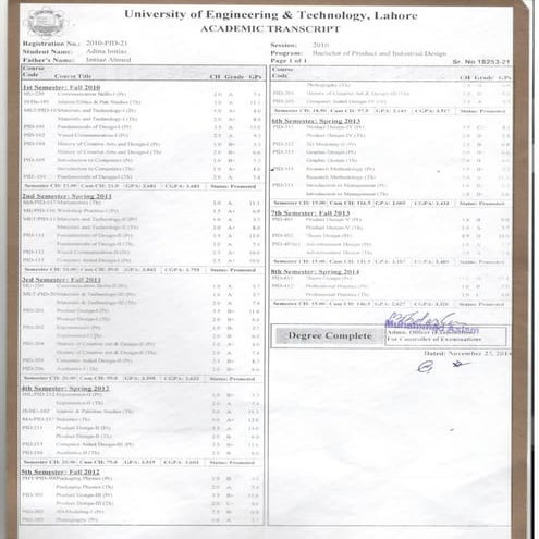 UET Academic Transcript Front side