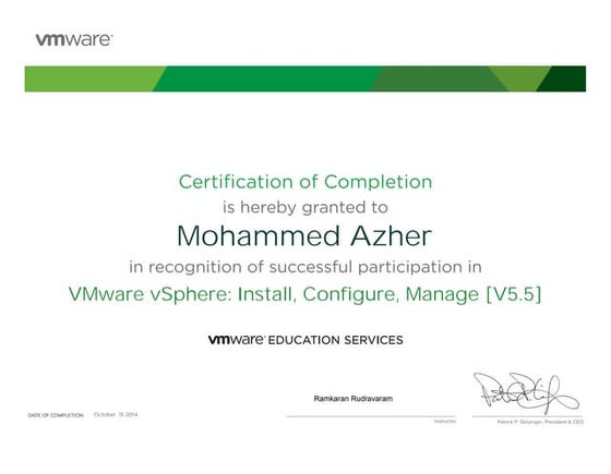 VMware V6 Course Attendance Certificate | PPT