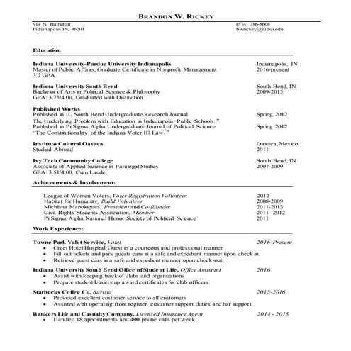 Brandon Rickey Resume - IUPUI