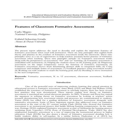 Features of Classroom Formative Assessment