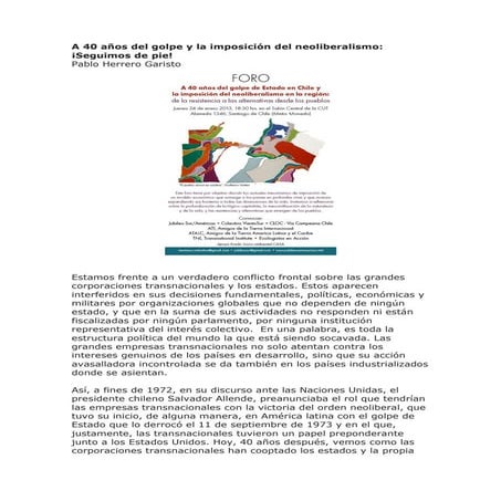A 40 años del golpe y la imposición del neoliberalismo