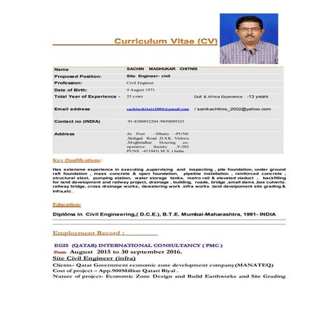 CV  -Sachin Madhukar Chitnis  -( Civil Roads, Utility,infra,metro rail ,)
