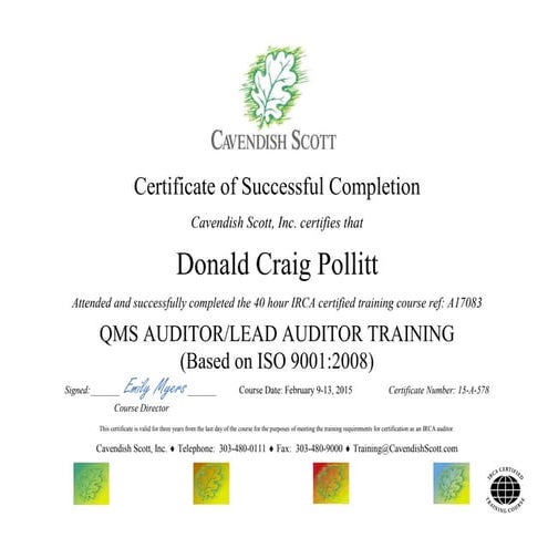 Donald Craig Pollitt Certificate of Success 021315 | PDF