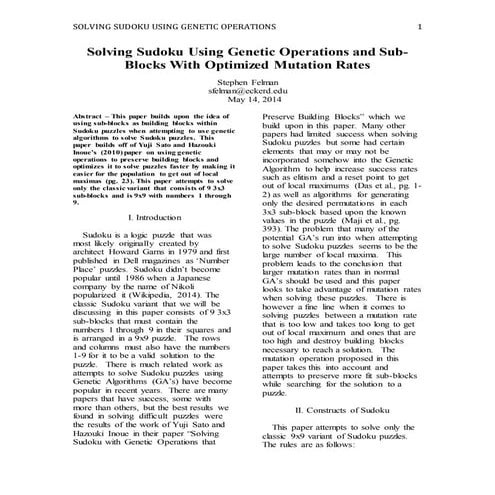 Solving Sudoku Using Genetic Operations and Sub