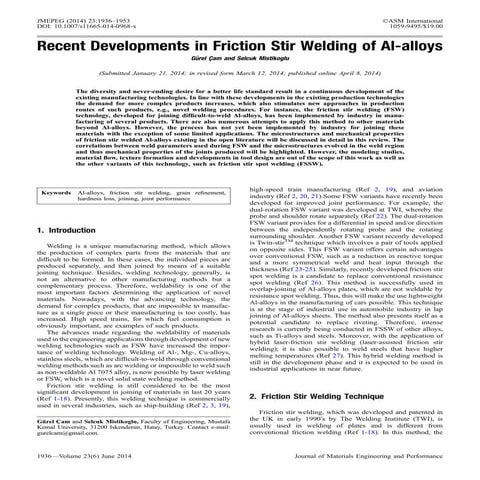 Recent Developments in Friction Stir Welding of Al alloys | PDF