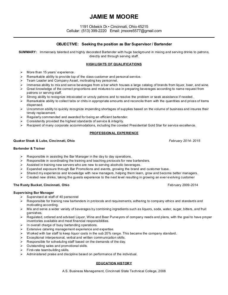 Bartender Resume for Four Seasons Orlando