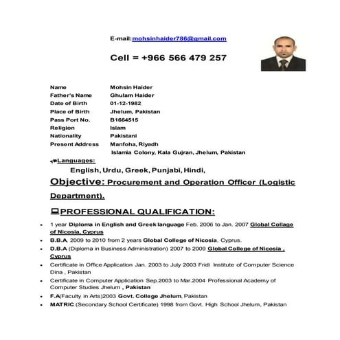 Mohisn CV (Operation Officer in Logistic)