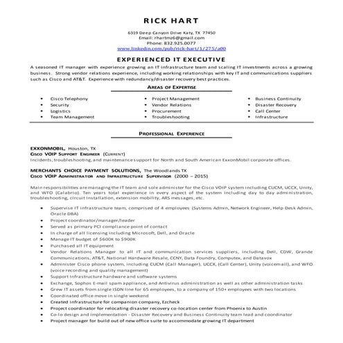 Rick Hart Resume - IT Mgr & Cisco VOIP
