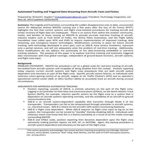 Automated Tracking and Triggered Data Streaming from Aircraft  UPDATE Oct 2 2014