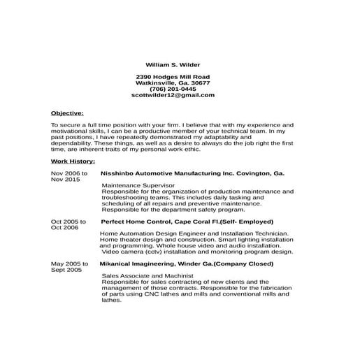 William S Wilder,Resume 2016