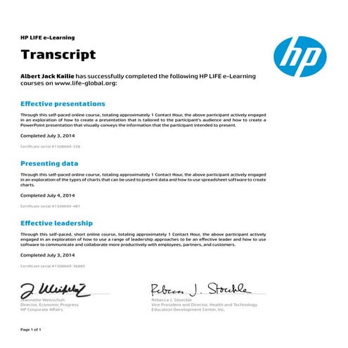 HP LIFE e-Learning Transcript