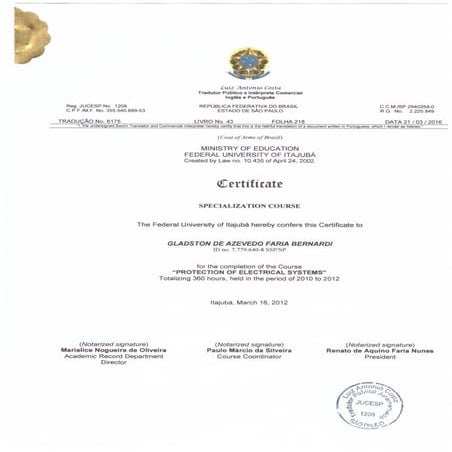 Certificate of Specialization Course on Protection of Electrical Power Systems