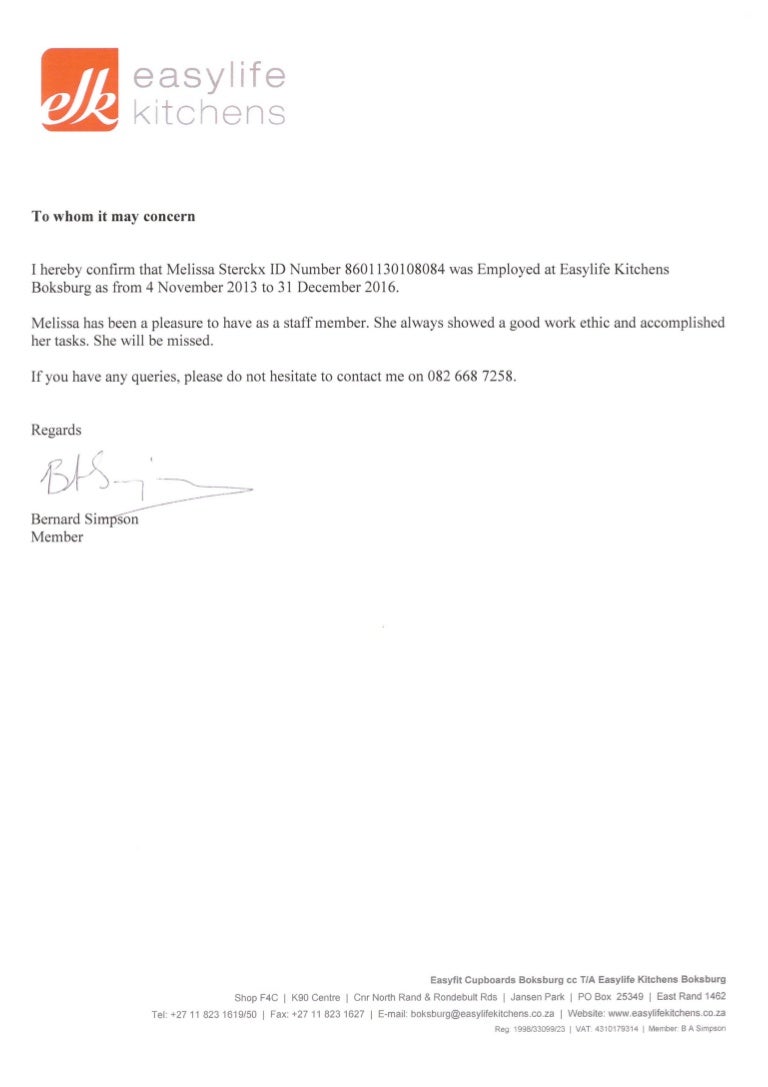 Easylife Kitchen Reference letter