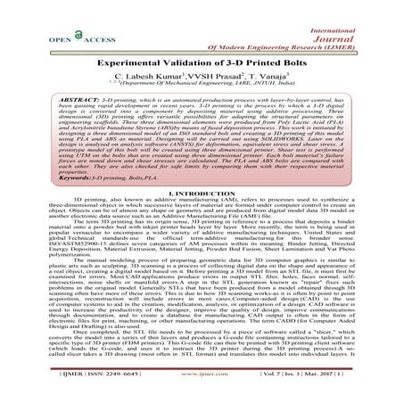 Experimental Validation of 3-D Printed Bolts