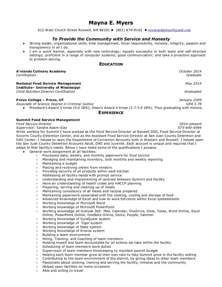 Resume Food Service Operation Support Manager