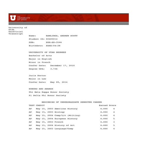 Andrew Rawlings - Transcripts from Law School and Undergrad