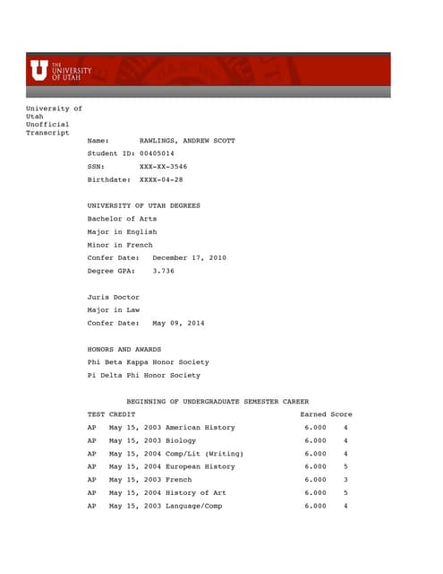 University of Utah Unofficial Transcript | PDF