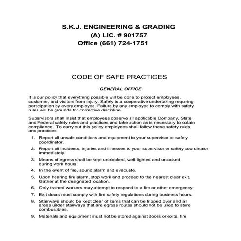 CODE OF SAFE PRACTICES