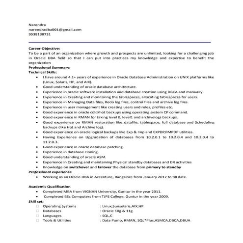 Narendra_Oracle DBA_4.1 years of expriances_Bangalore
