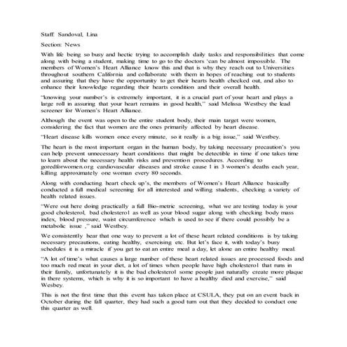 Womens Heart Alliance University Times Writting Sample