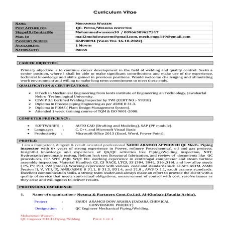 CV-QC Engg Mech- piping & welding | DOC