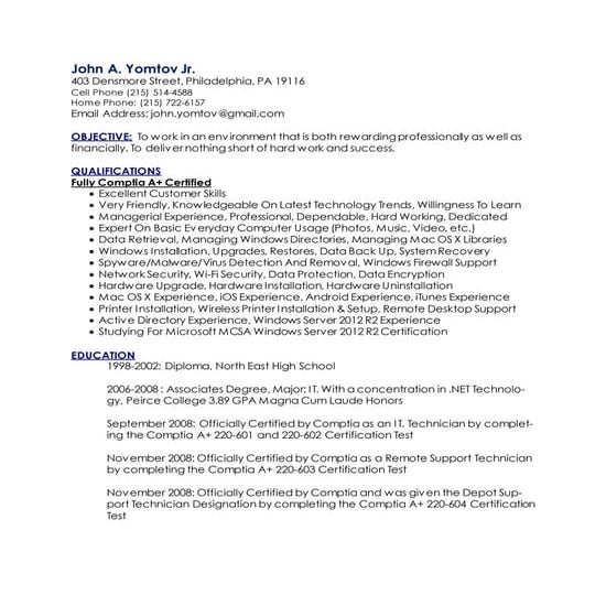 John A Yomtov Jr Resume 2015