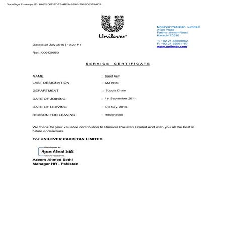 Unilever Experience Certificate