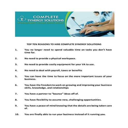 TOP TEN REASONS TO HIRE COMPLETE SYNERGY SOLUTIONS