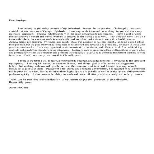 Aaron McGinnis Resume and Cover Letter Teaching