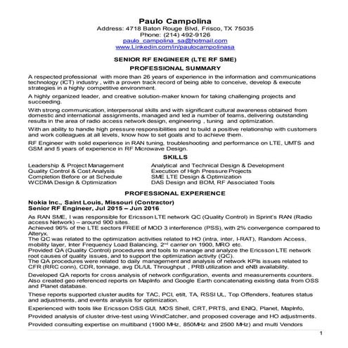 Paulo Campolina  Resume - Sr RF Engineer 09182016