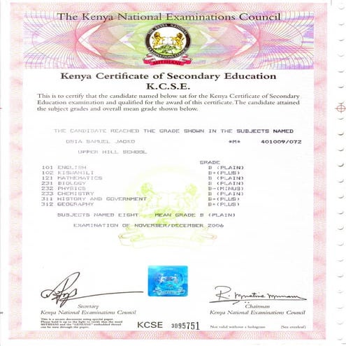 K.C.S.E CERTIFICATE