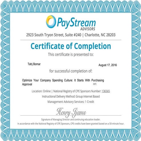 certificate of complementation - Paystream | PDF