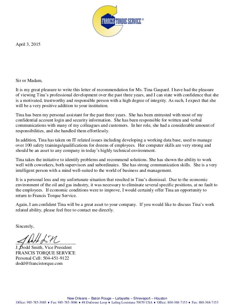Letter Of Recommendation For Tina Gaspard