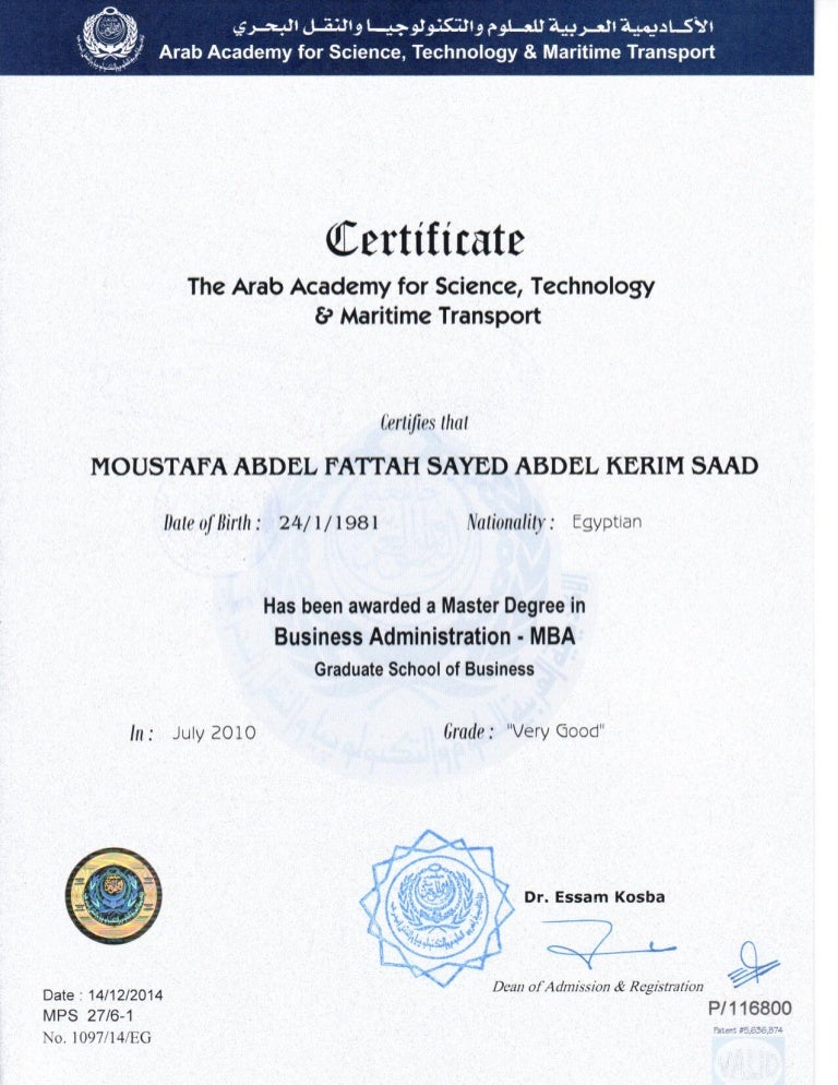 MBA Certificate and transcript
